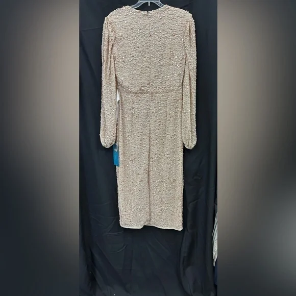 Mac Duggal 10764 NWT SEQUINED ILLUSION PUFF SLEEVE V NECK MIDI DRESS - Picture 5 of 6